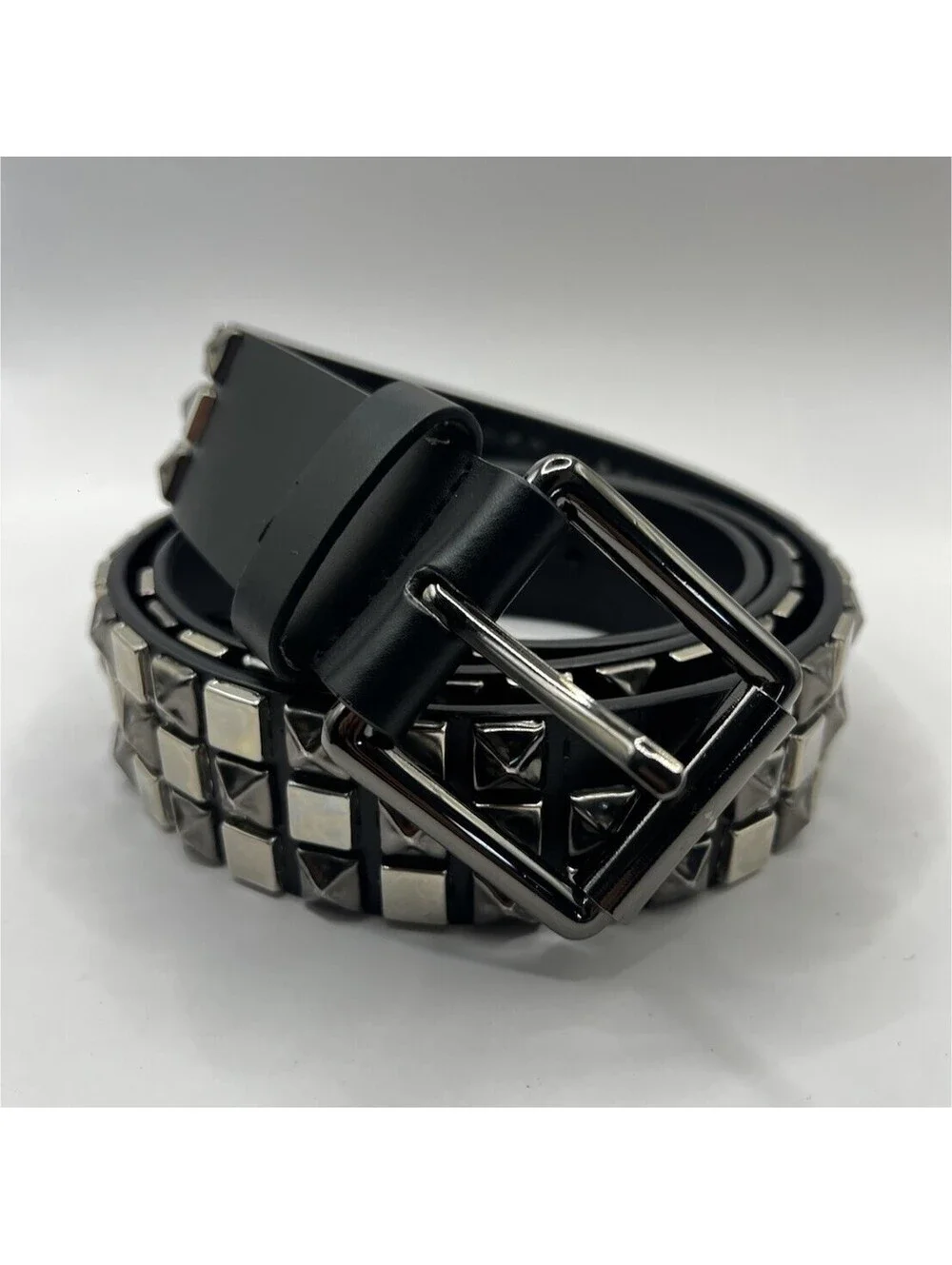 Punk Rock Black Leather Studded Belt | Gunmetal Square Pyramid Studs L/XL